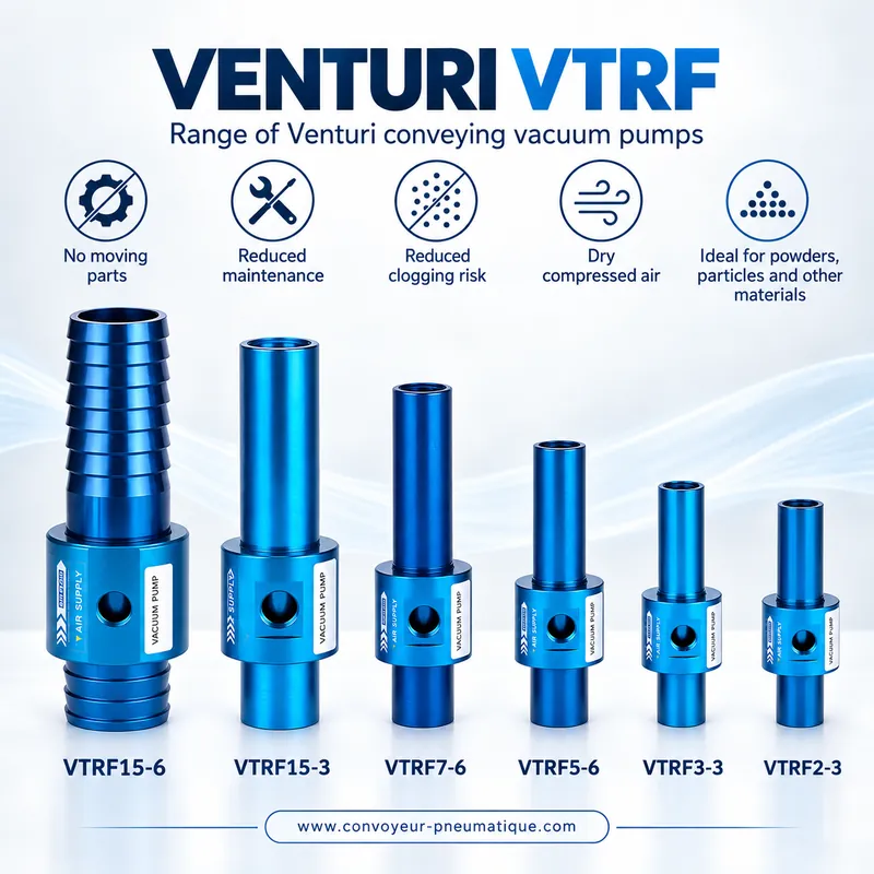 Range of VTRF 2-3, 3-3, 5-6, 7-6, 15-3 and 15-6 Venturi pneumatic conveyors