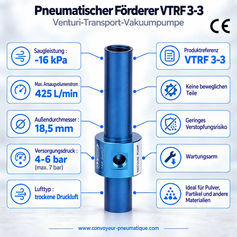 Pneumatischer Venturi-Förderer VTRF 3-3 – Transport-Vakuumpumpe −16 kPa, 425 NL/min